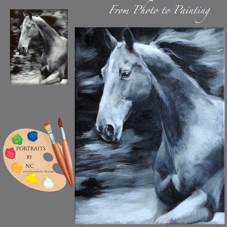 Andalusian Horse Custom pet portrait, hand-painted and digital artwork by Enzie Shahmiri before and after