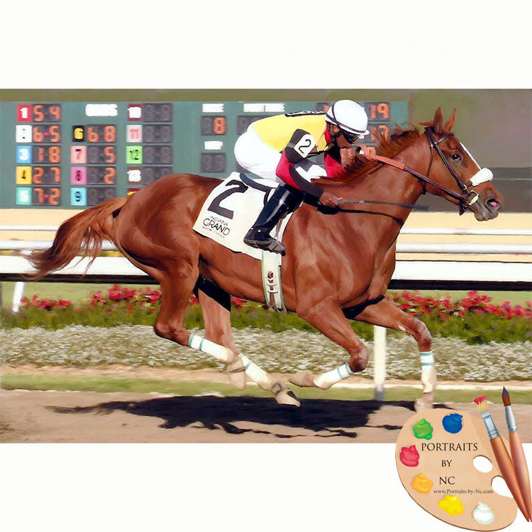 American Thoroughbred Racehorse Portrait custom pet portrait painted and digital artwork by artist Enzie Shahmiri