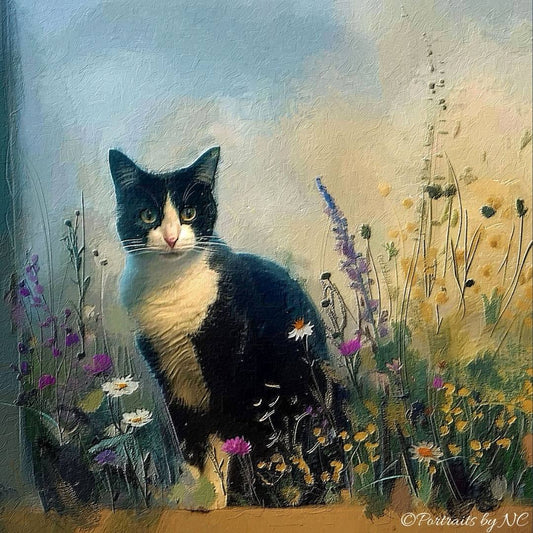 🐾 A Feline Serenity Among Wildflowers - Tuxedo Cat Portrait🐾 