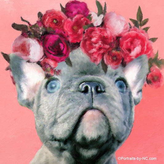 Blue English Bulldog Puppy - Flower Babies Painting