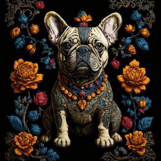 French Bulldog in the vibrant and captivating style of Mexican Folk Art