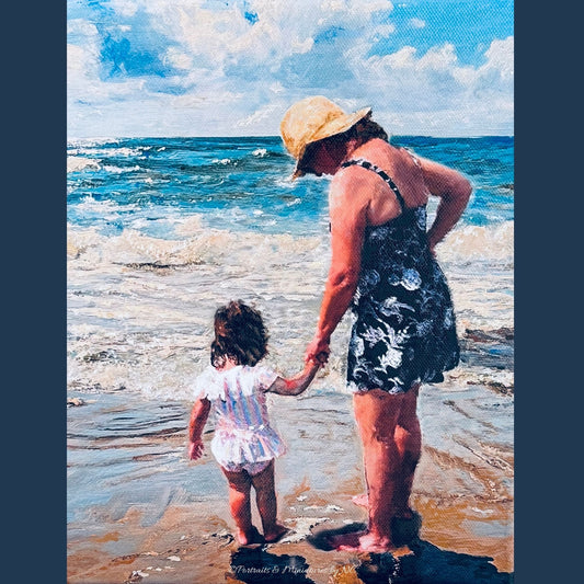 Mother and Child at Beach Oil Portrait