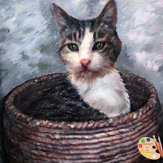 cat in basket painting