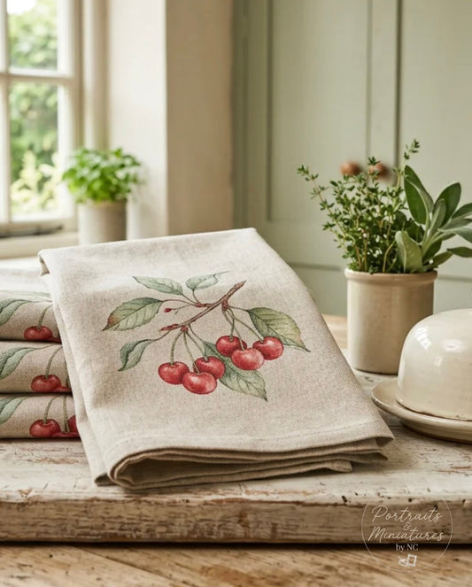 Bring the Orchard Indoors: Hand-Painted Cherry Kitchen Towels by Portraits and Miniatures by NC