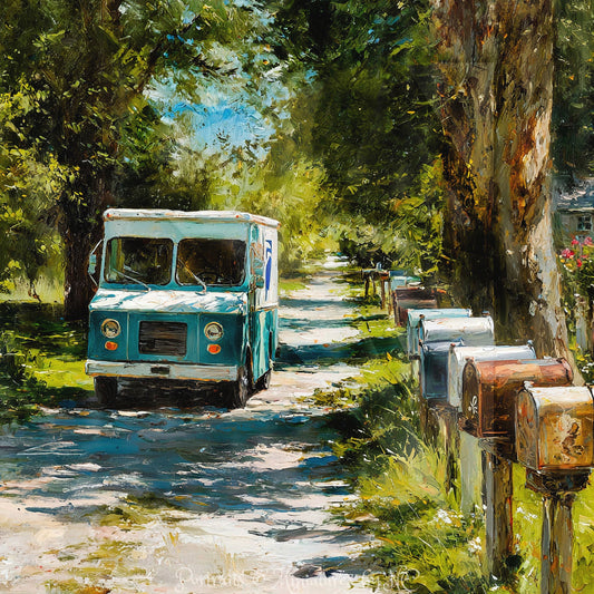 Painting of mail carrier on country road