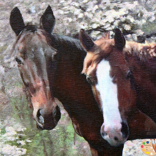 Equine Portrait: Two Horses in a Cherry Blossom Landscape