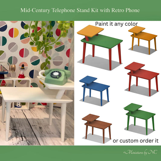 Retro Mid-Century Phone Stand with Phone  - 1/6 Scale Dollhouse Accessory - Table Kit