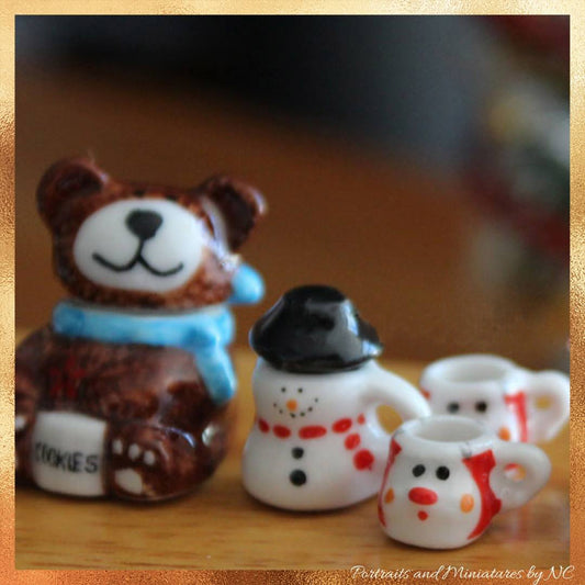 Miniature Christmas Snowman Tea Set  1/12 scale Dollhouse Dishes