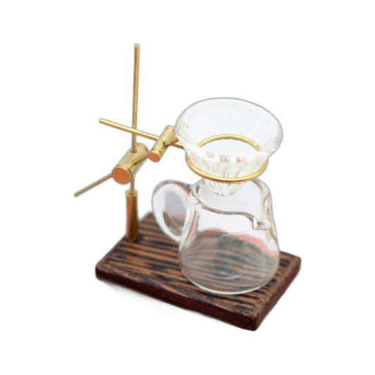 Glass coffee maker with wooden base on a white background 1/12 Scale Dollhouse 