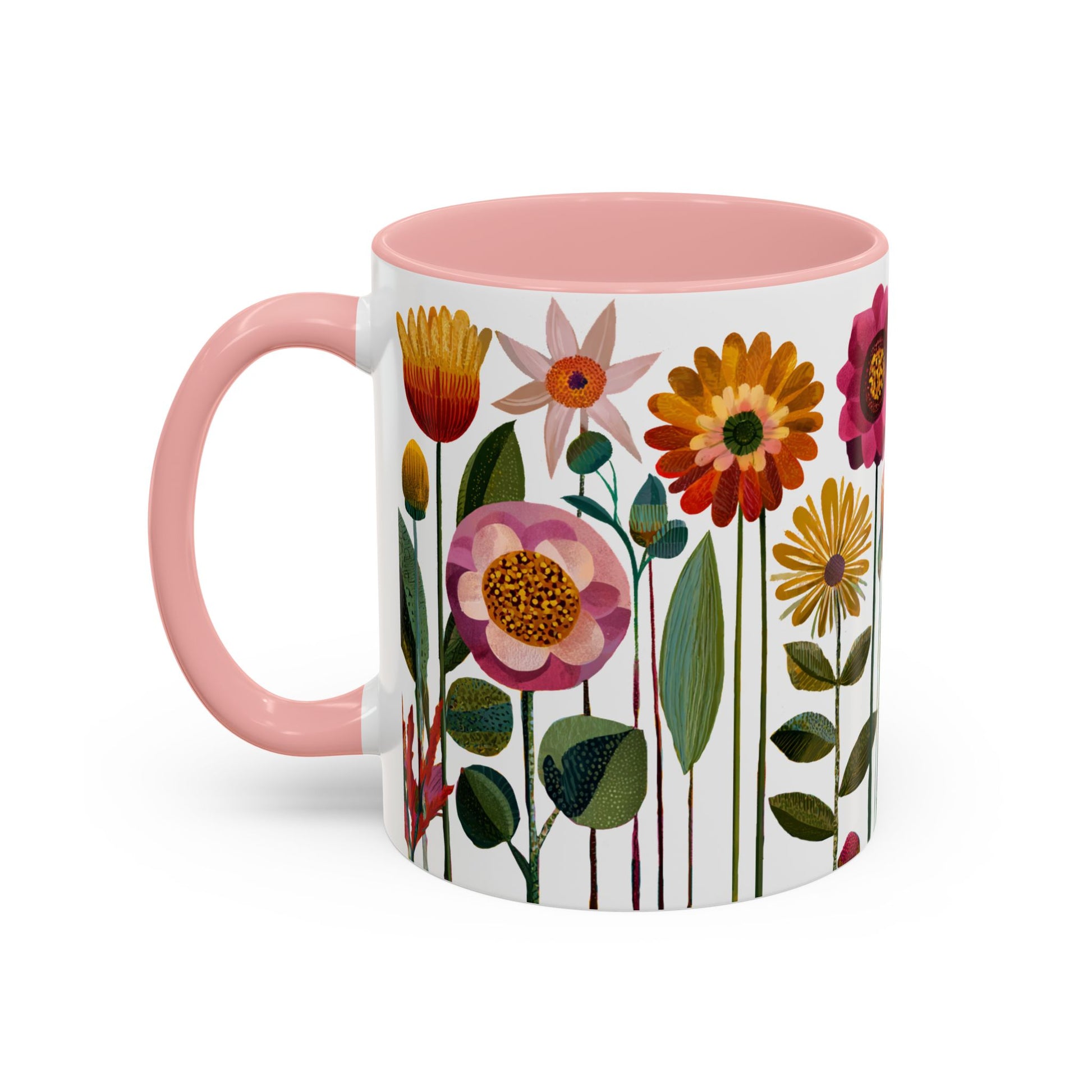 Pink Mug with floral design and pink handle on a white background
