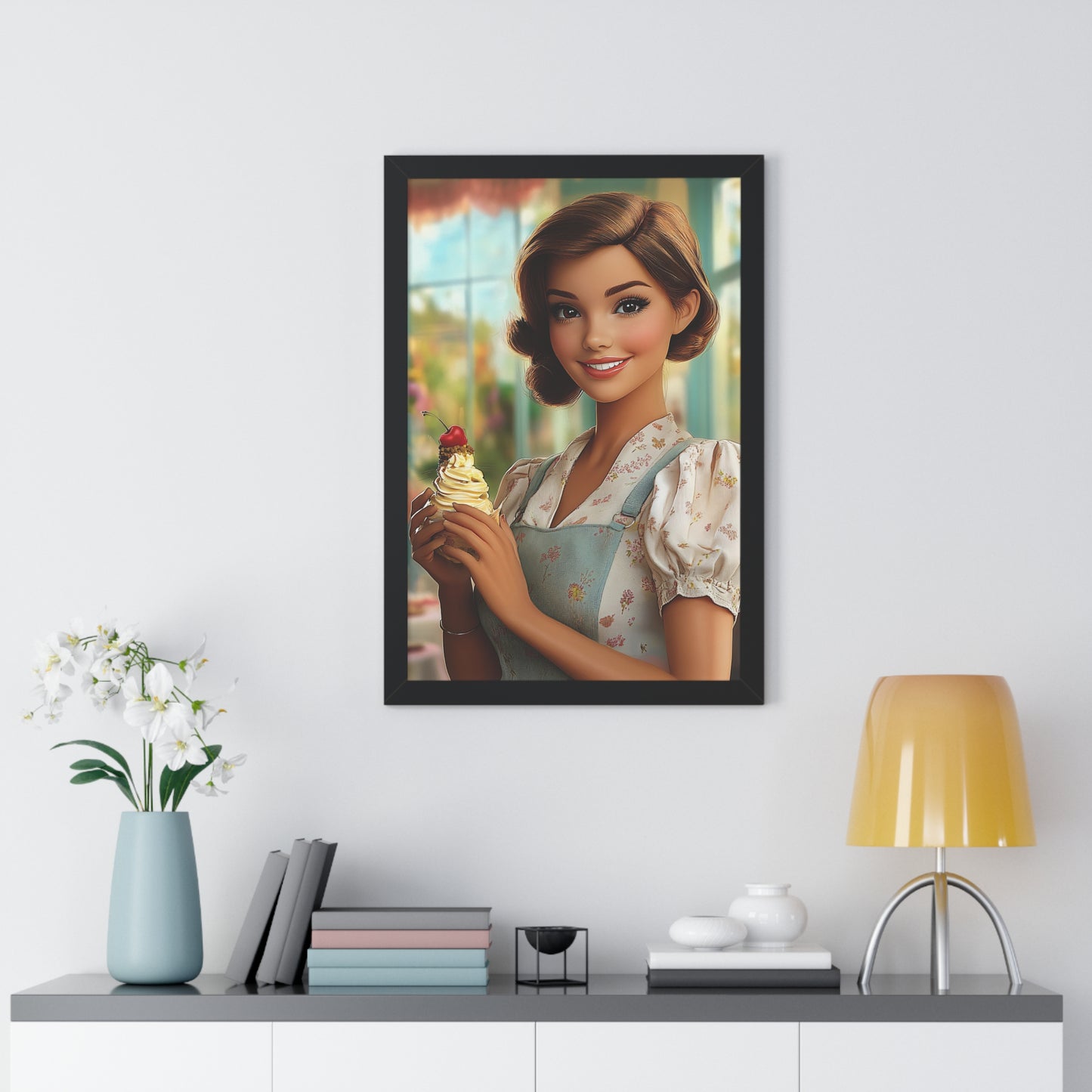 Framed Vertical Poster - Ice Cream Parlor Gal