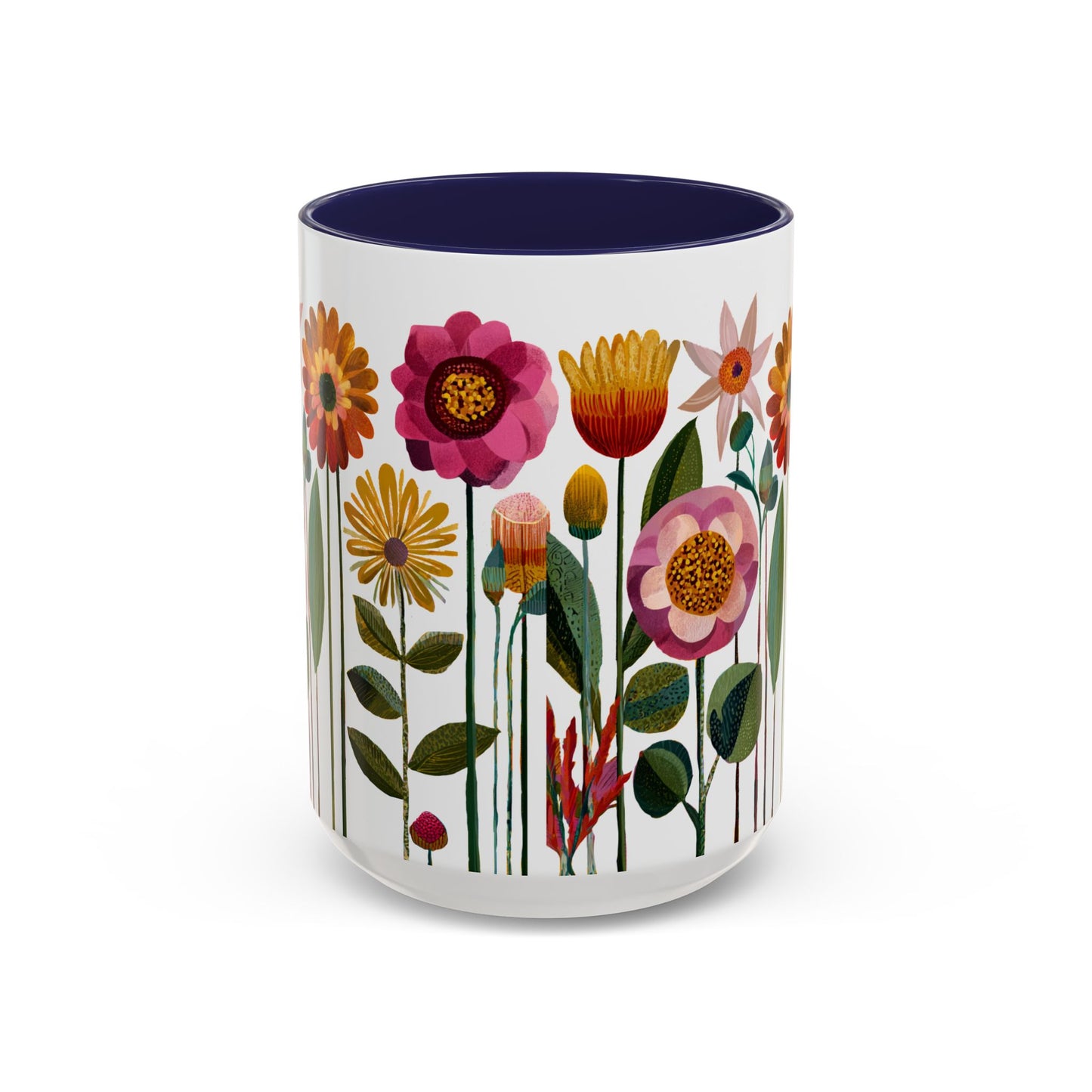 Navy colored Mug with floral design on a white background