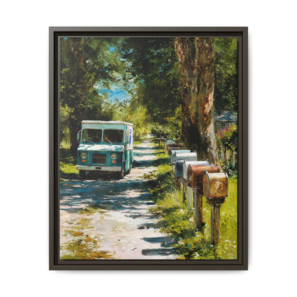 Framed Matte Canvas Print — Vintage Mail Truck on Country Road Wall Art