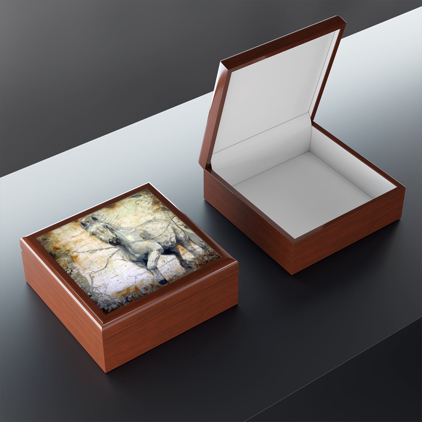 Jewelry / Keepsake Box - Horse Design -  Lacquered Wood Box felt lined
