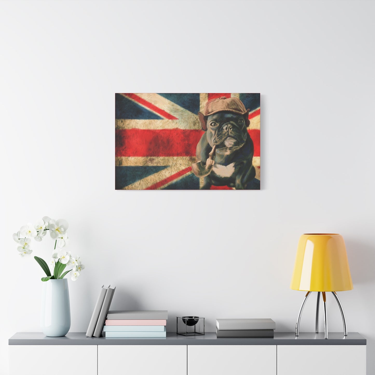 British Bulldog Canvas Wall Art – Vintage Union Jack with Smoking Frenchie