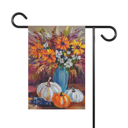 Decorative garden flag with a colorful floral arrangement and pumpkins on a white background