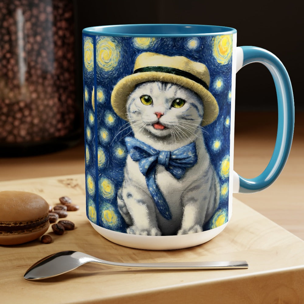 tarry Eye Cat Two-Tone Coffee Mugs, 15oz  blue handle