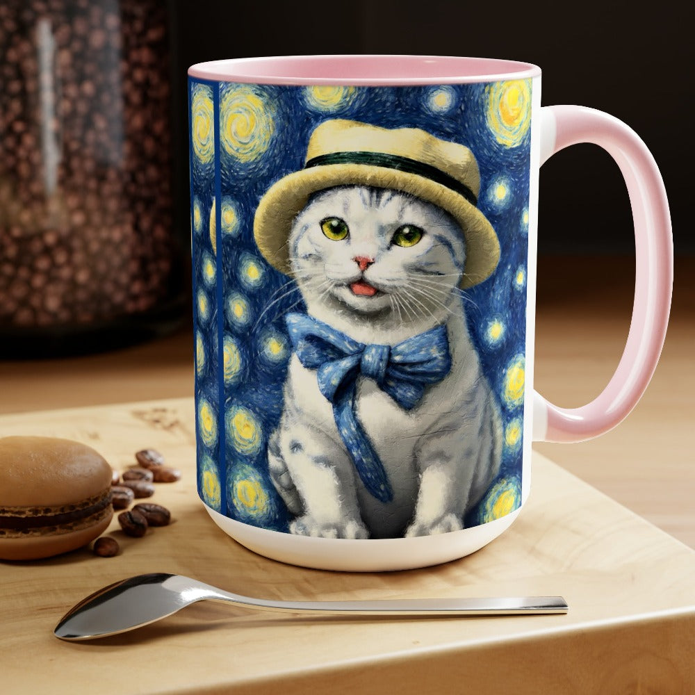 tarry Eye Cat Two-Tone Coffee Mugs, 15oz  pink handle