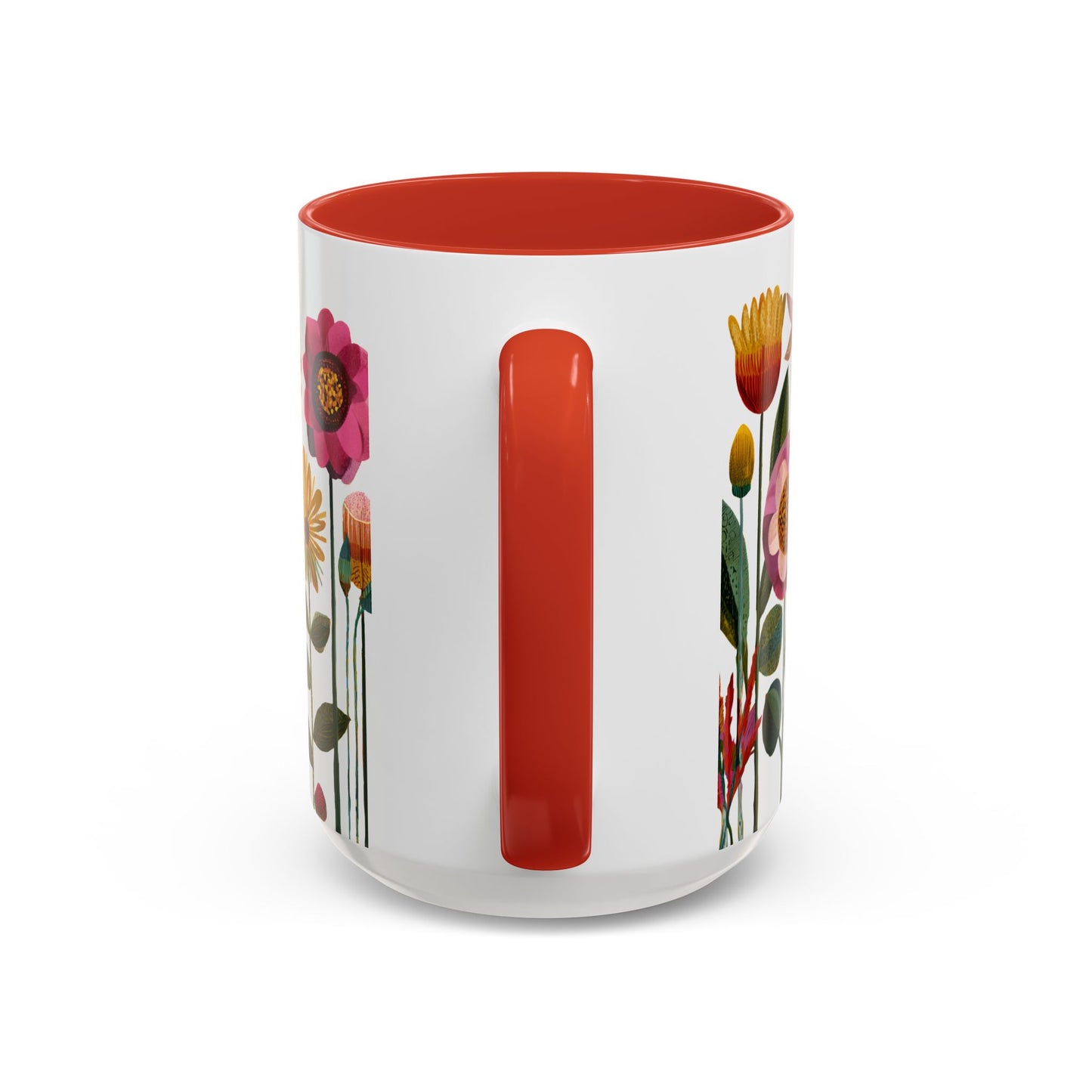 Red and White  Mug 15 oz with floral design and red interior on a white background