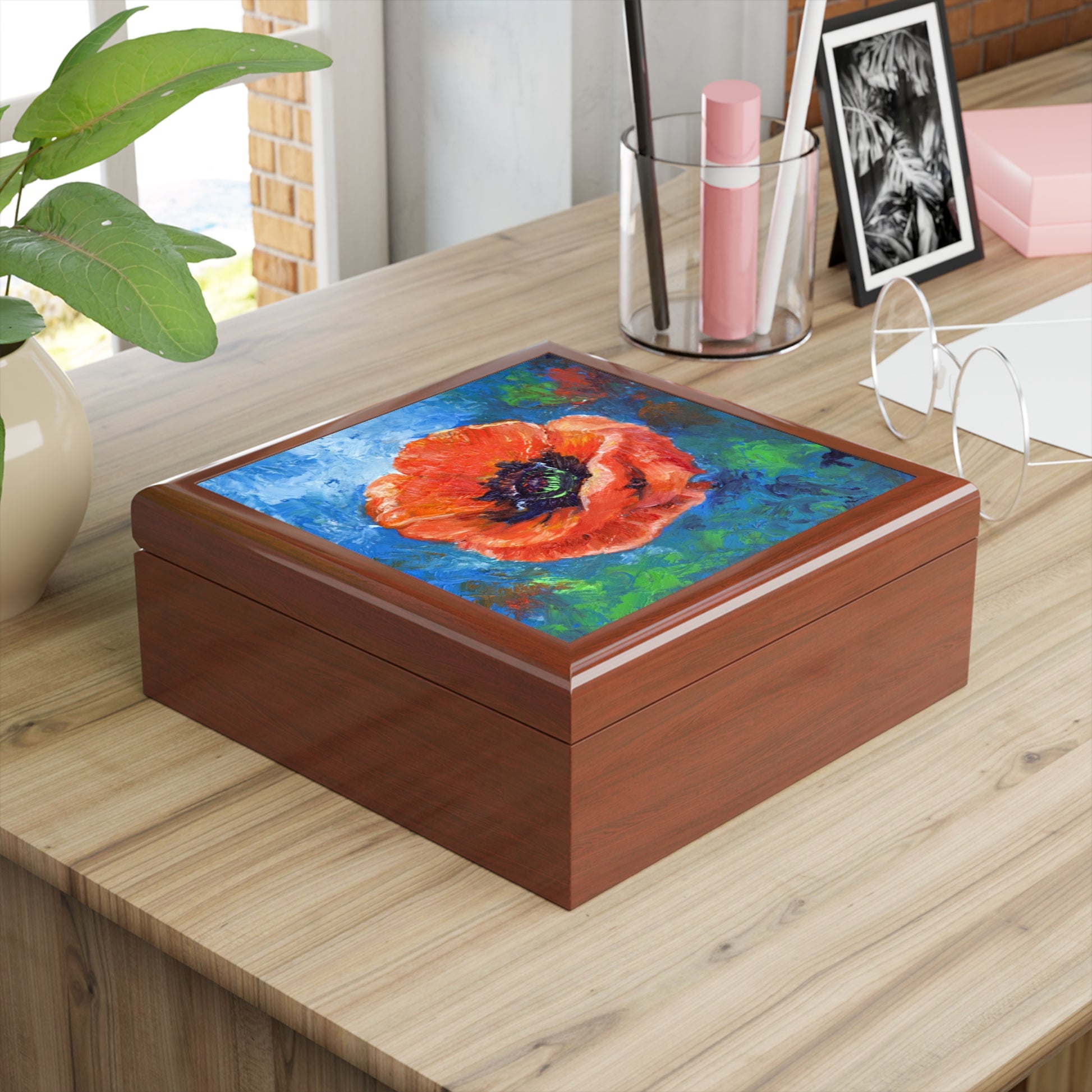 Keepsake/Jewelry Box - Poppy Flower Ceramic Tile Lid golden oak