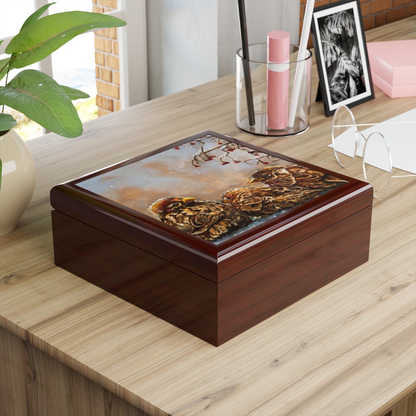 Jewelry/Keepsake Box - Sparrows - Wood Lacquer Box  mahogany box