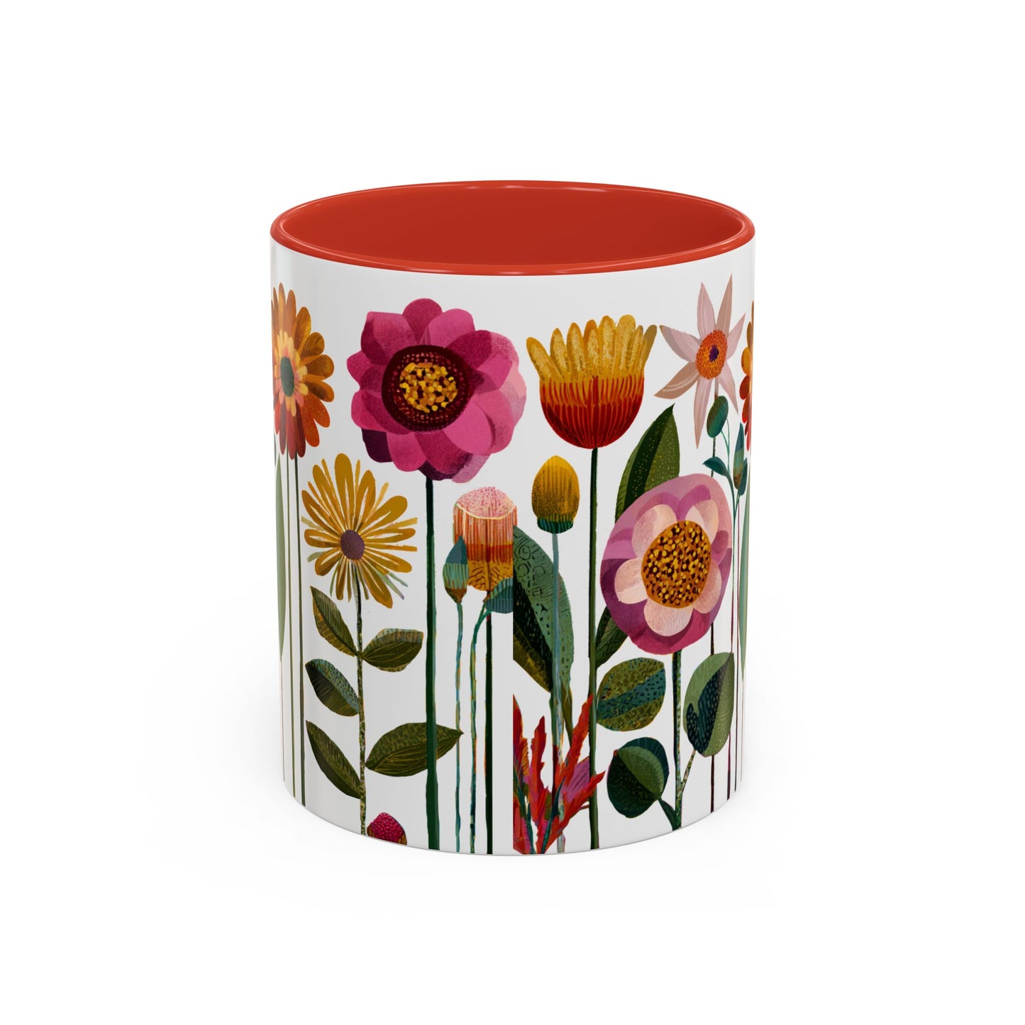 Mug with floral design and red interior and red handle on a white background