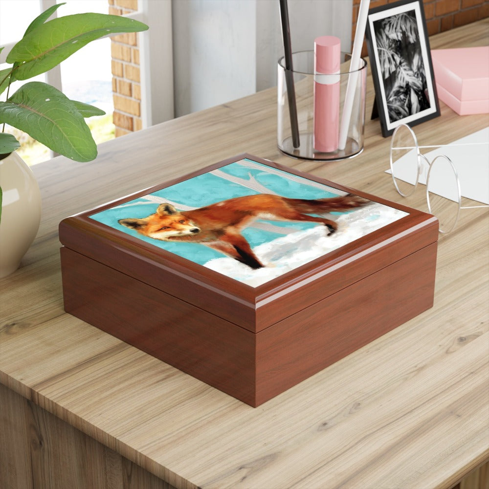 Keepsake/Jewelry Box - Red Fox - Wood Lacquer Box  golden oak