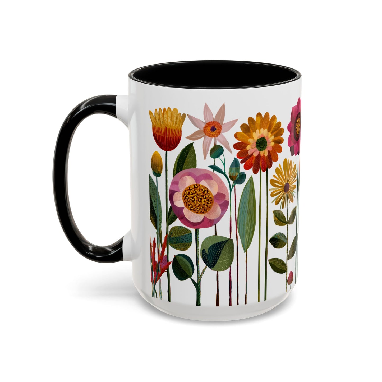 15 oz Black Mug with floral design on a white background