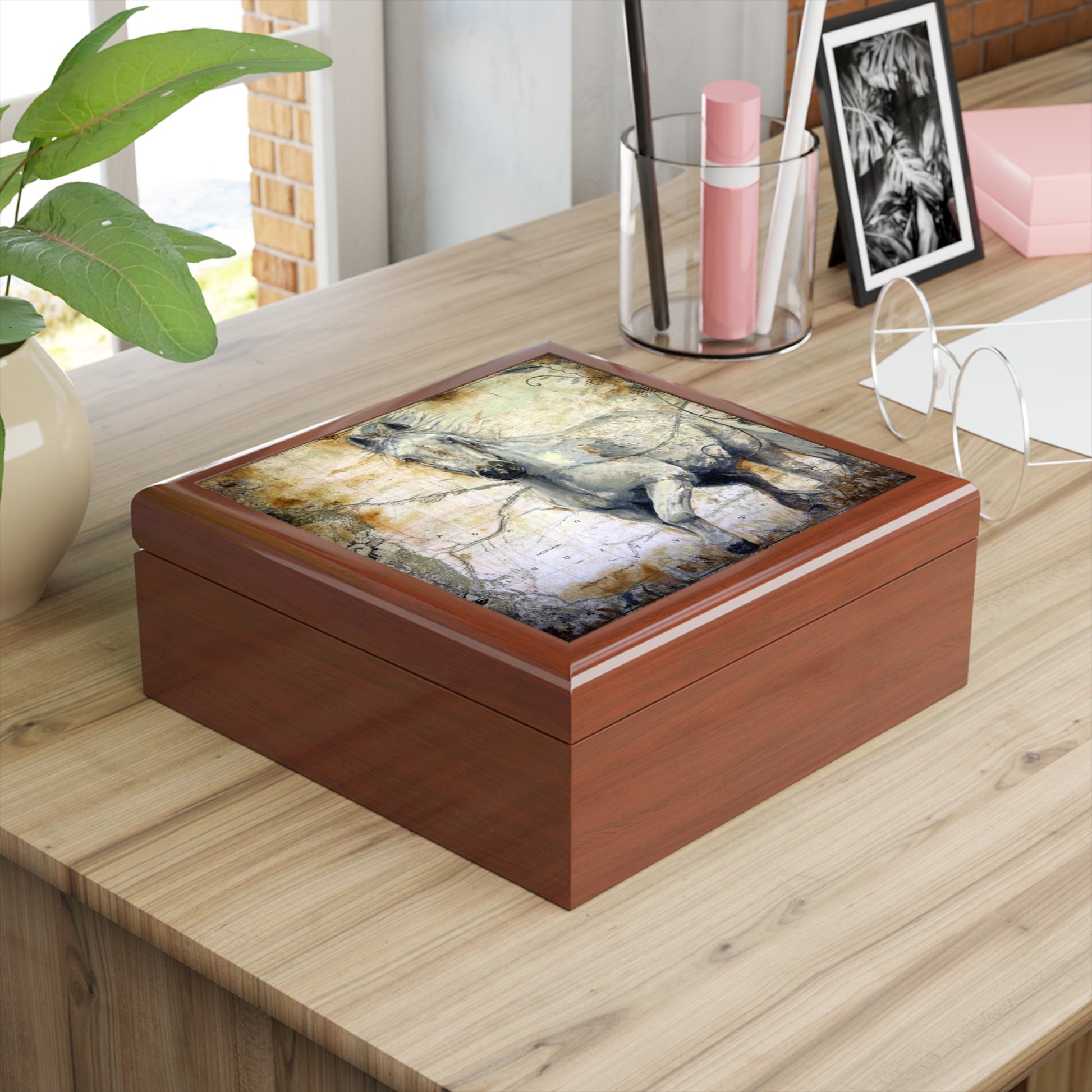 Jewelry / Keepsake Box - Horse Design -  Lacquered Wood Box Golden Oak box