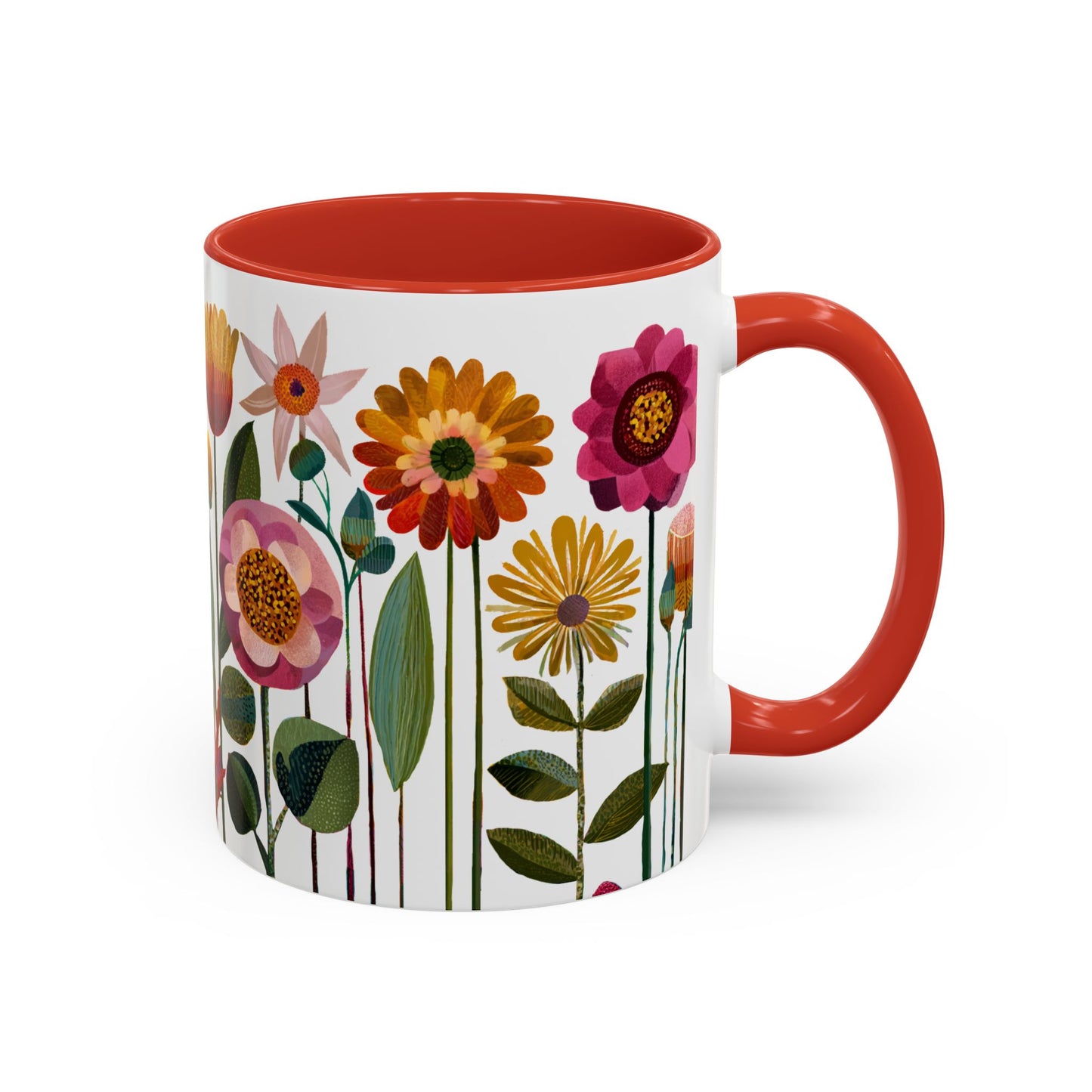 Red Mug with floral design and red interior and handle on a white background