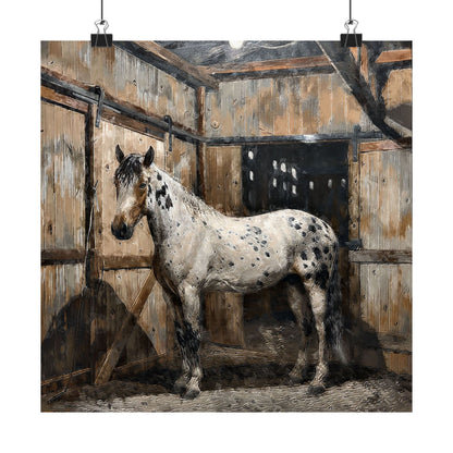 Spotted horse standing in a wooden stable