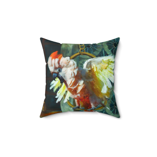 Molukken-Kakadu-Kissen – quadratisches Wurfkissen aus gesponnenem Polyester mit Einlage
