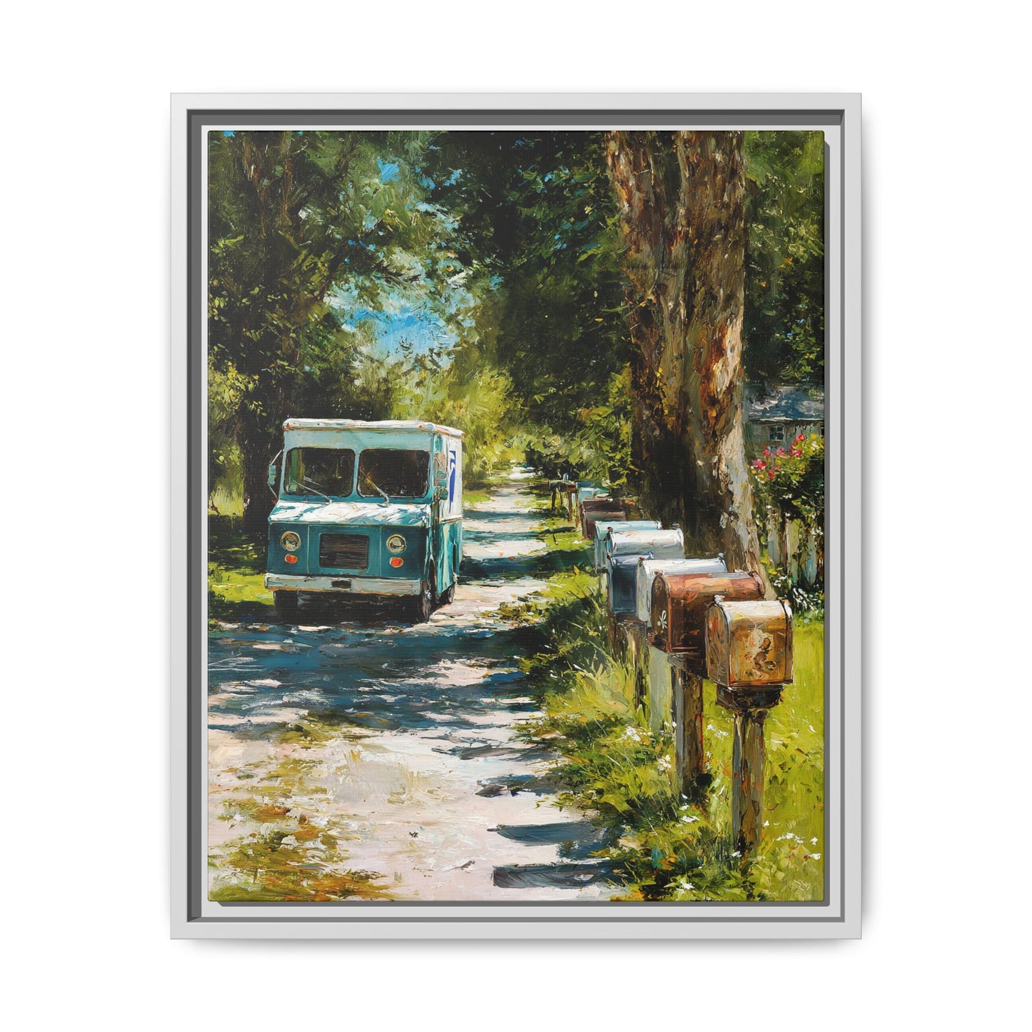 Framed Matte Canvas Print — Vintage Mail Truck on Country Road Wall Art