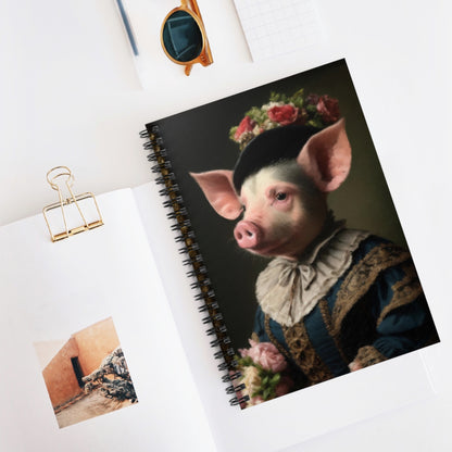 Portrait Pig Spiral Notebook — Vintage-Renaissance Pig in Floral Crown Ruled Notebook