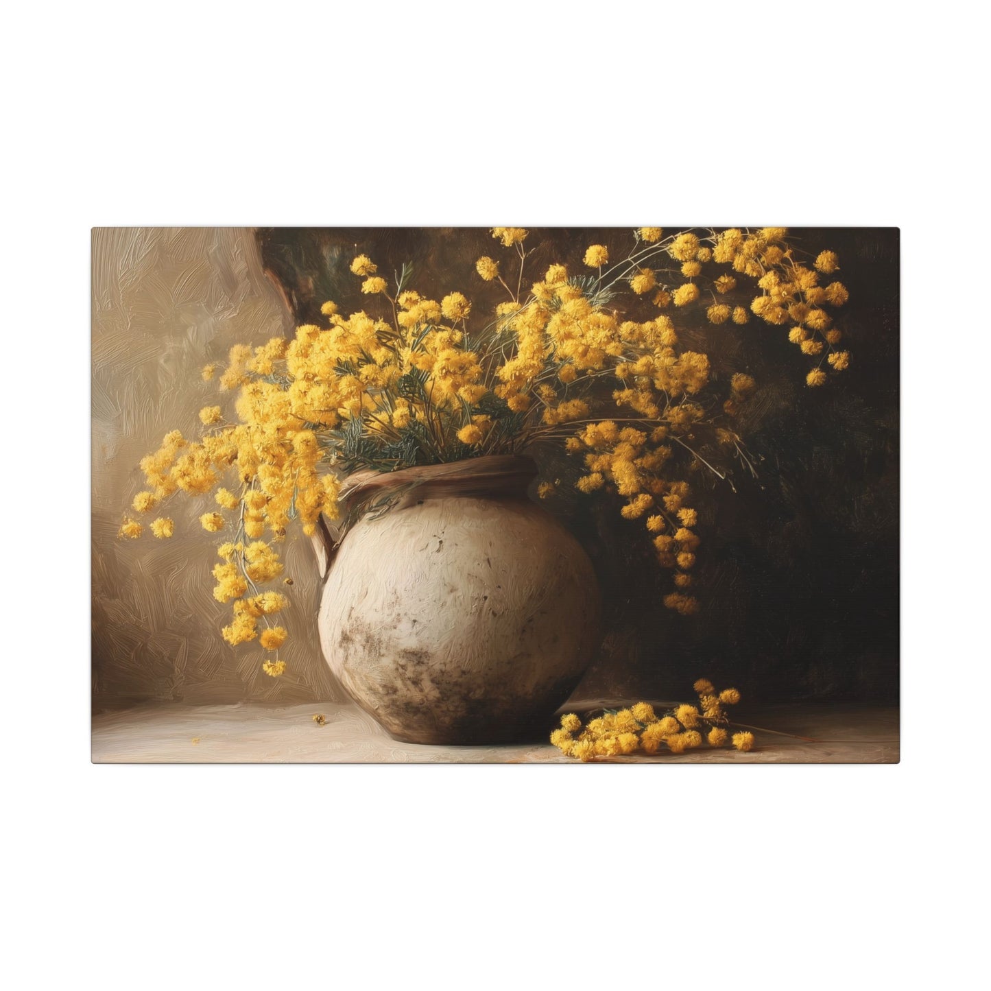 Mimosa Still Life Canvas Print — Rustic Vase Wall Art