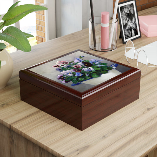Jewelry/Keepsake Box - Pansies - Lacquered Wood Box  mahogany