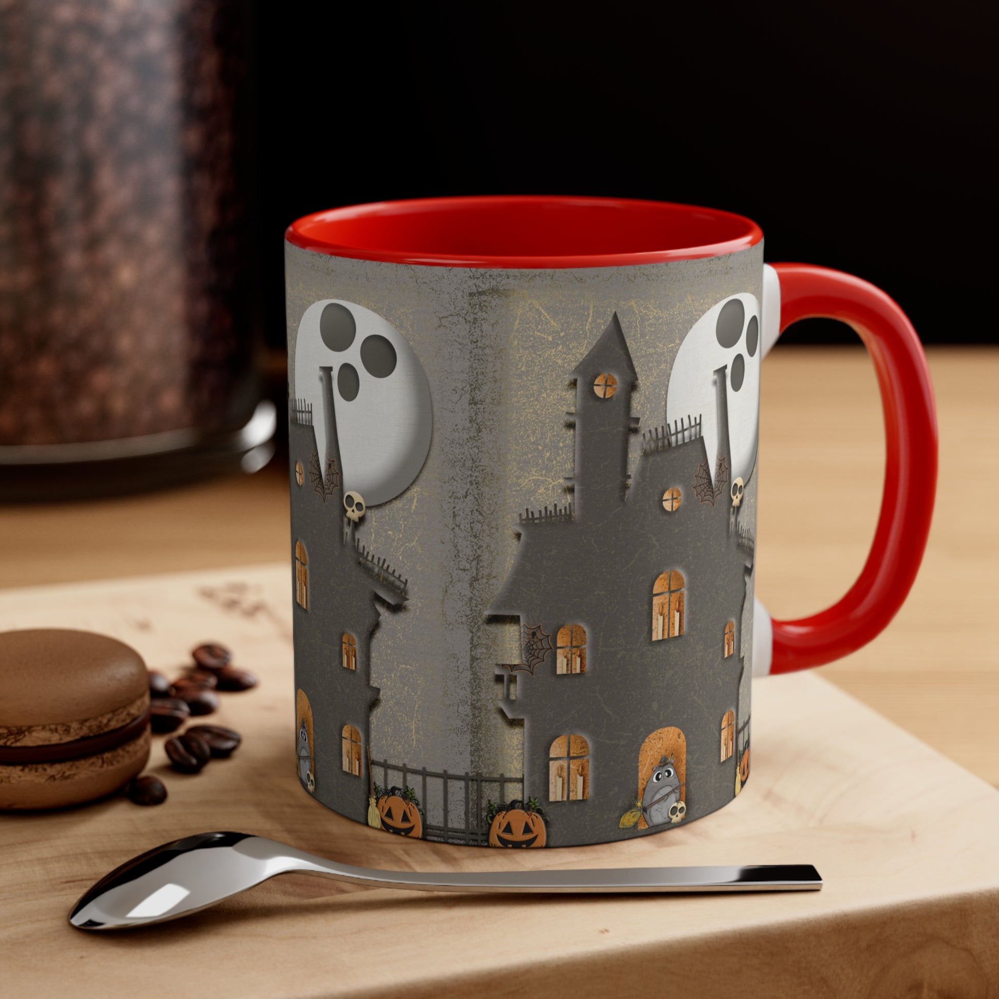 Two Tone Accent Coffee Mug, 11oz - Haunted House red