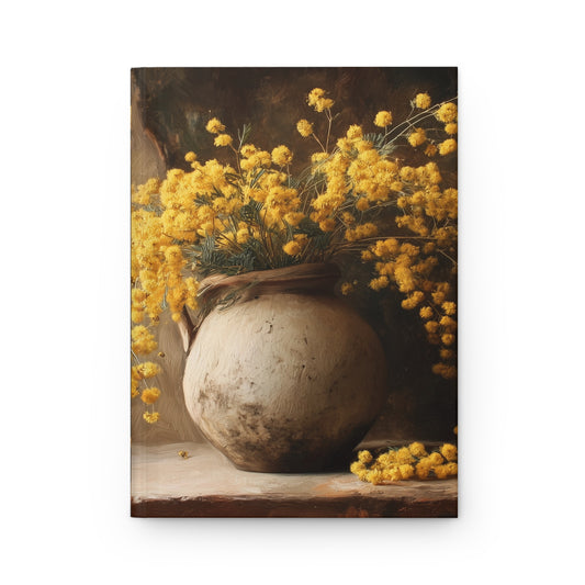 Custom Oil Painting Style Hardcover Journal - Yellow Mimosa & Vintage Vase Still Life - Matte Art Notebook