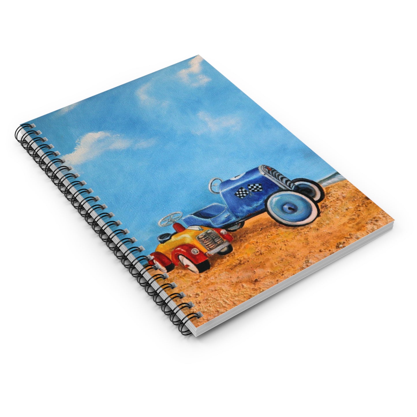 Vintage Toy Cars Spiral Notebook — Kids Journal with Blue & Red Pedal Car Illustration