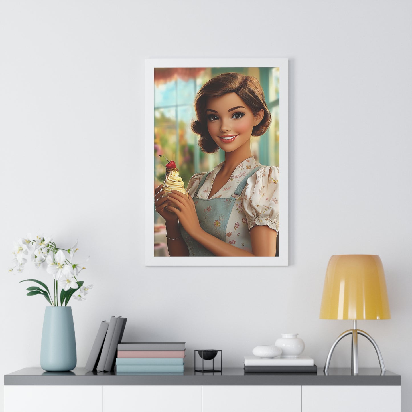 Framed Vertical Poster - Ice Cream Parlor Gal