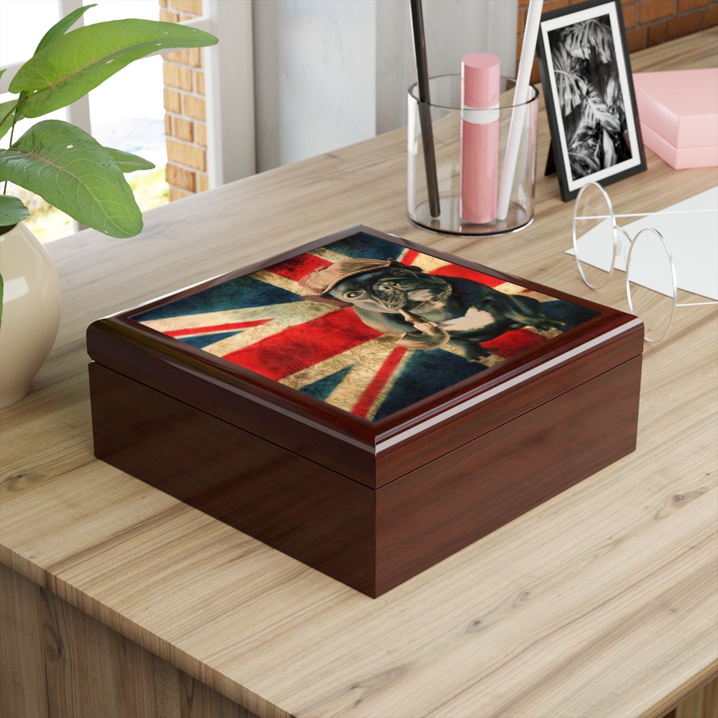 Jewelry Box/ Keepsake Box - French Bulldog with Pipe - Lacquer Box  mahogany