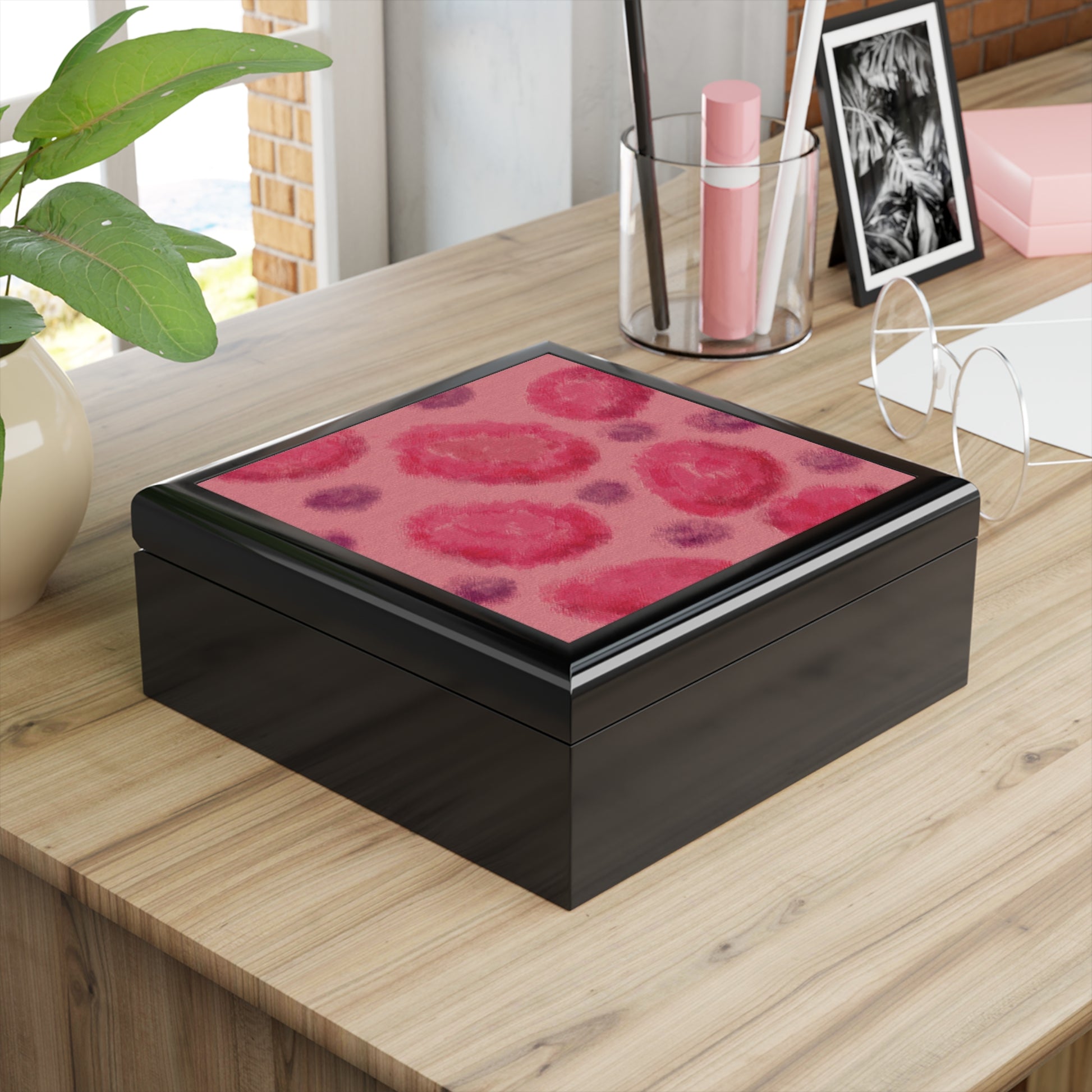 Jewelry Keepsake Box - Abstract Pattern in Fuchsia and Pink Black