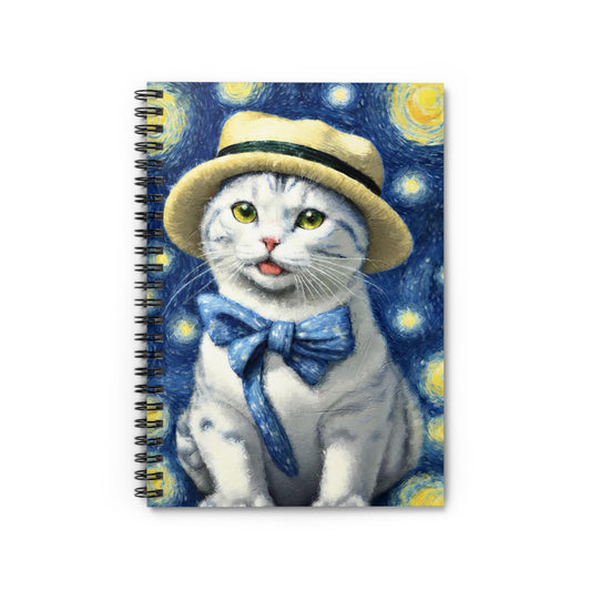 Starry Night Cat Spiral Notebook — Cute Cat with Hat & Bow Journal (Ruled)