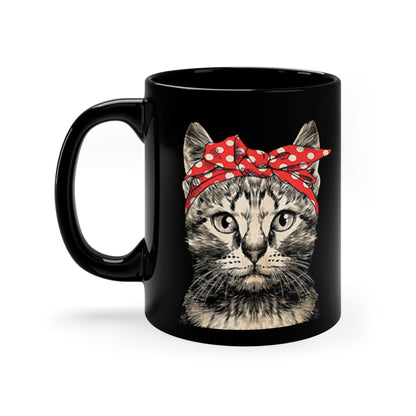 Black Coffee Mug with Cat Design, 11oz