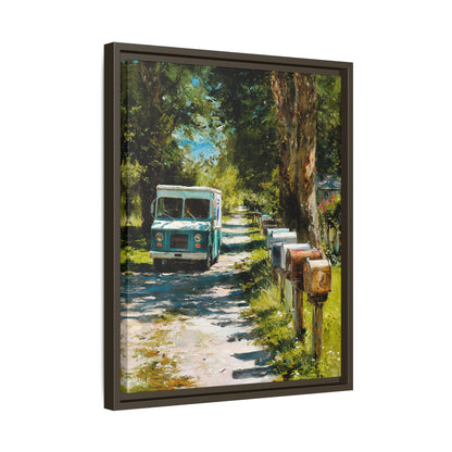 Framed Matte Canvas Print — Vintage Mail Truck on Country Road Wall Art