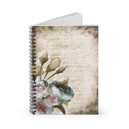 Vintage Floral Spiral Notebook — Ruled Journal with Soft Rose & Sheet Music Design