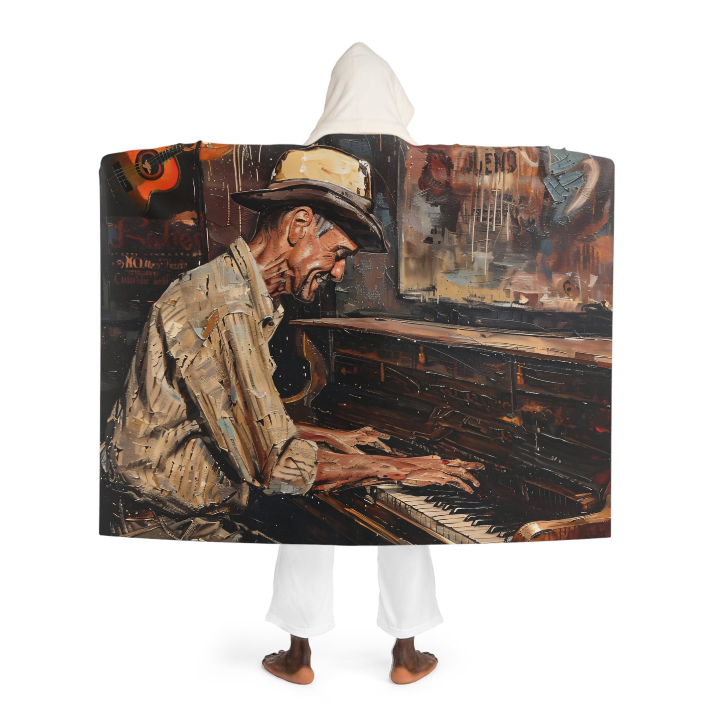 Hooded Sherpa Fleece Blanket - Honky Tonk Piano Player back side