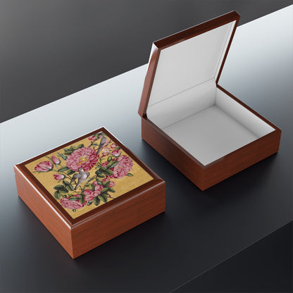 Boîte à bijoux/souvenir - Camilla fleurs avec oiseaux - Boîte en laque 17,8 x 17,8 x 7,6 cm