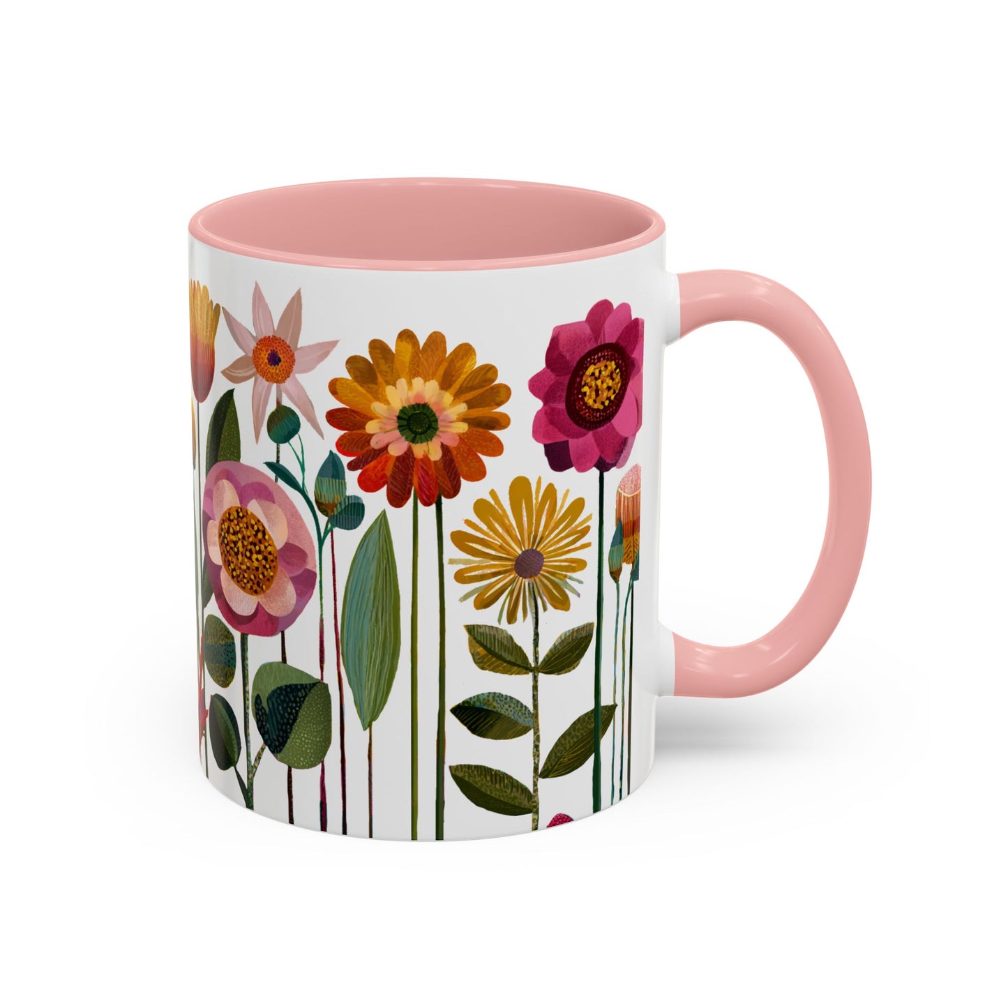 Pink Mug with floral design and pink handle on a white background