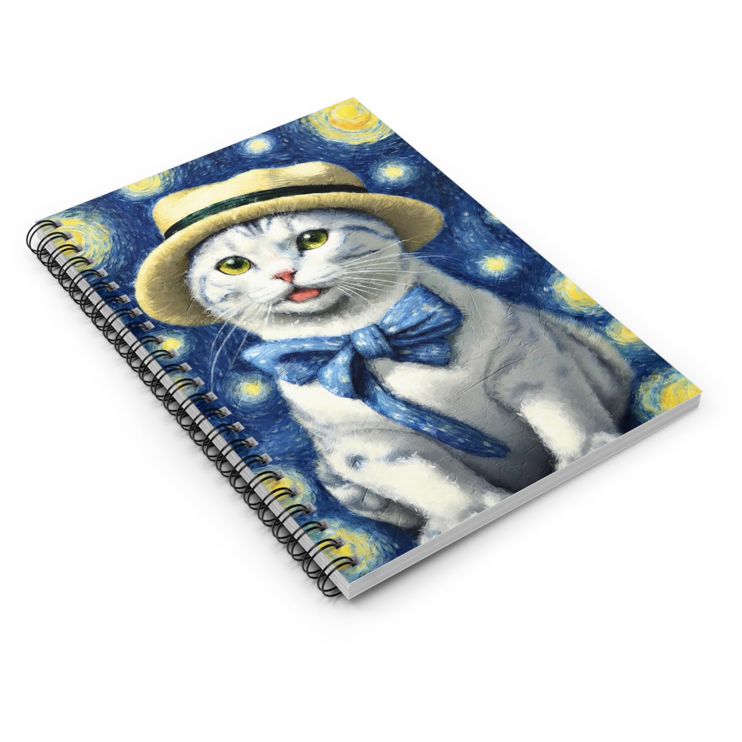 Starry Night Cat Spiral Notebook — Cute Cat with Hat & Bow Journal (Ruled)